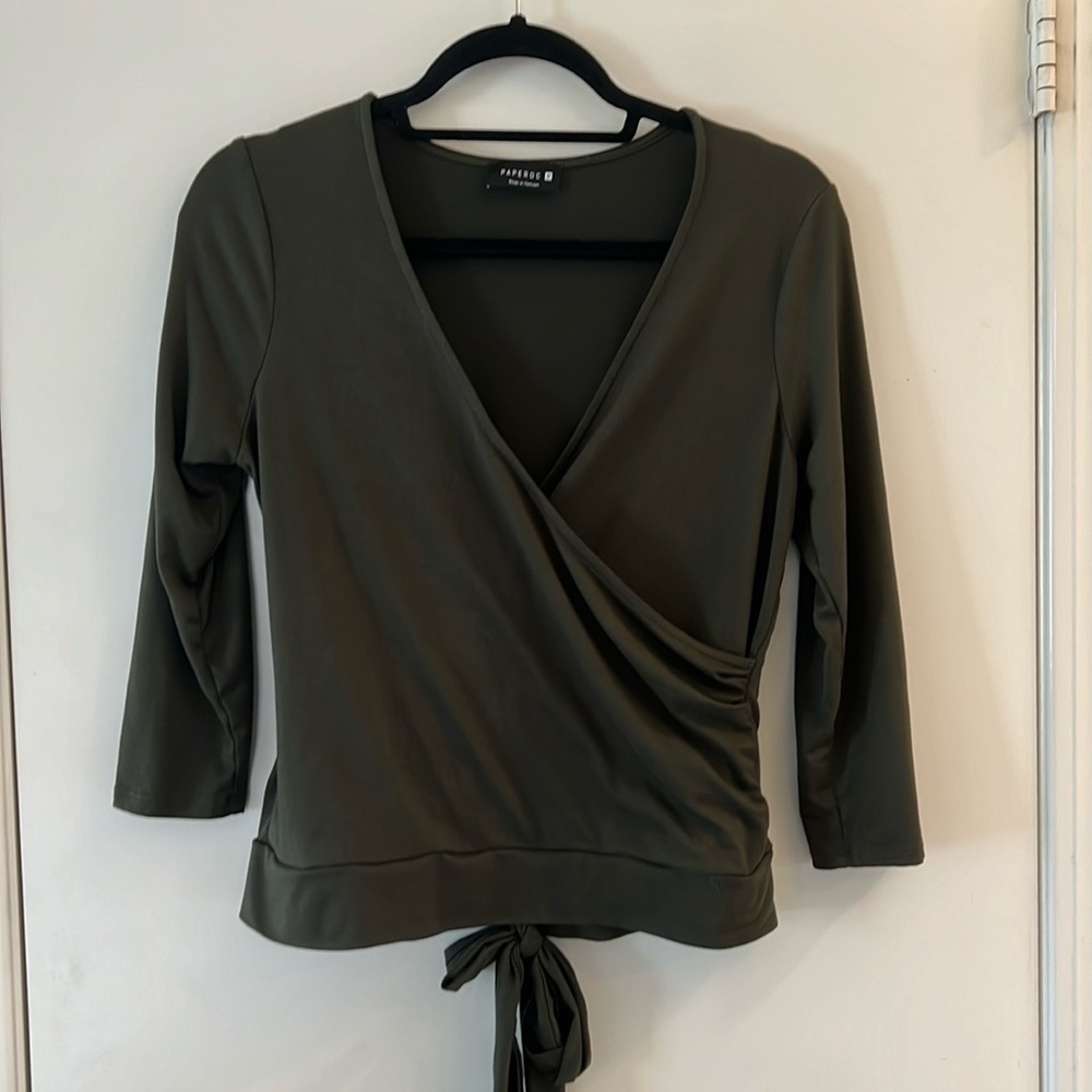 Paperoc Faux Wrap Tie Back Top Olive Green
